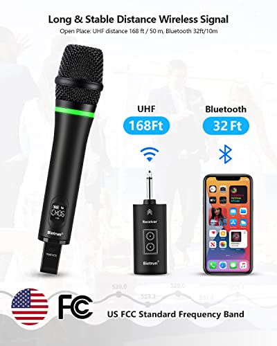Bietrun Wireless Microphone Rechargeable, 168FT Range Bluetooth Microphone Wireless (Work 7 hrs) with 1/4'' Output, UHF Metal Handheld Dynamic Mic for Karaoke Machine/PA System/Speaker/Church/Wedding