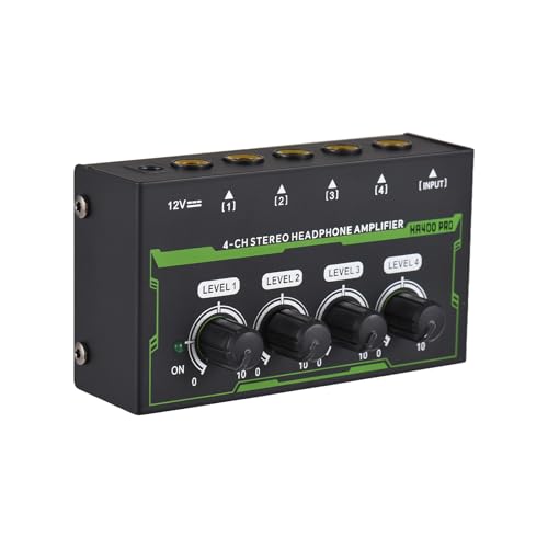 Headphone Amplifier 4 Channel Stereo Headphone Amp Mini Audio Amplifier with Power Adapter DC 12V 6.35mm Input/Output Interface Portable Earphone Amp Splitter for Stage Studio