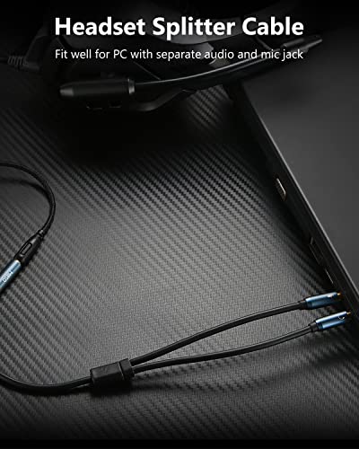 Headset Splitter Cable 3.5mm 2 Male to 1 Female Headphone Adapter | Premium PVC, Sapphire Blue, Metal Shell, Separate Microphone and Headphone Jack for Gaming Headset to PC - 12 inch / 30 CM - color: Blue