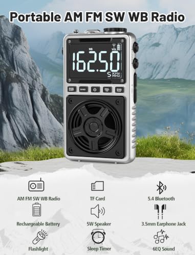 AM FM Shortwave Radio with NOAA Weather Alert,1250mAh Rechargeable | Bluetooth Portable Pocket Radio with Best Reception 5W Big Speaker Earphone,Support SD Card and USB Player Silver - color: Silver