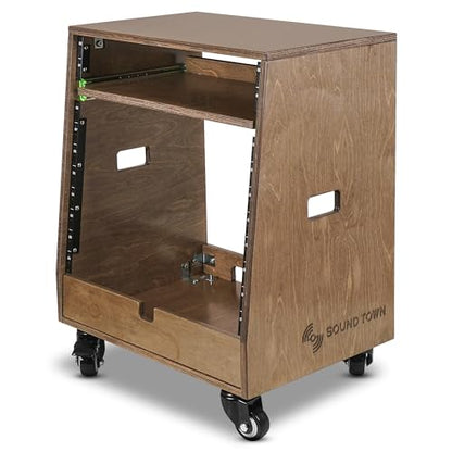 Sound Town DIY Slanted 10U Studio Rack (2U Top + 8U Lower), with 2U Bottom Storage, Slide-Out Tray, Caster, Plywood, Weathered Brown for Recording Room, Home Studio (SDRK-ST10TB) - size: 10U(2U Top + 8U Lower),Weathered Brown