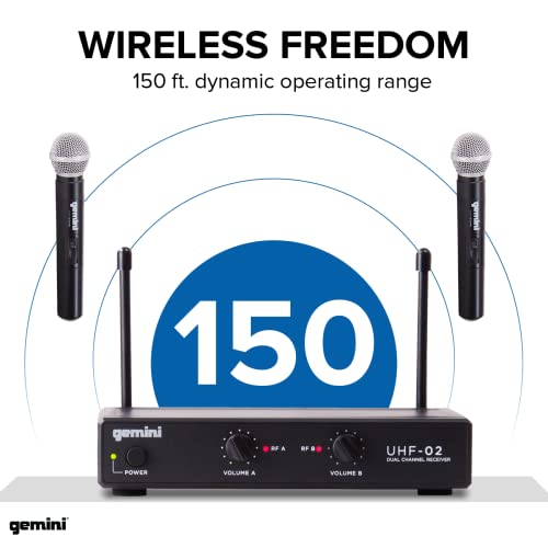 Gemini Dual-Channel UHF Handheld Microphone System (UHF-02M-S12) | Dual-channel UHF handheld mics, 517-521 MHz - 150 ft range - dual volume controls - auto-pair, ABS
