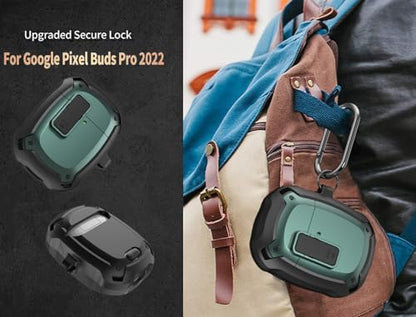 Olytop for Google Pixel Buds Pro/Pro 2 Case Cover with Lock Clip & Cleaner Pen 2022/2024, Shockproof Protective Hard Shell Skin with Carabiner Men Women - Black/Green - color: Black/Green