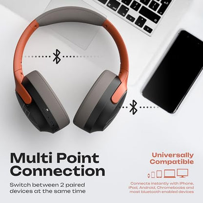 PowerLocus Bluetooth Headphones Over Ear, 60H Playtime, 4 EQ Modes Wireless Headphones with Microphone, Hi-Fi Stereo Deep Bass Foldable Headphone, Soft Foam Ear Cups,Fast Charging for Travel/PC/Phones - color: Grey/Orange