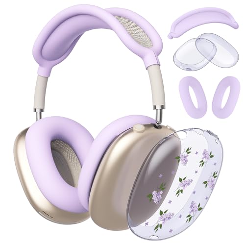 Cute Lavender Flowers Clear Case for Airpods Max Headphones Purple Floral Soft TPU Ear Cups Cover Anti-Scratch Silicone Ear Pad Protective Case 53 Headband Cover for Apple Airpods Max - color: Purple lavender 09
