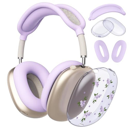 Cute Lavender Flowers Clear Case for Airpods Max Headphones Purple Floral Soft TPU Ear Cups Cover Anti-Scratch Silicone Ear Pad Protective Case 53 Headband Cover for Apple Airpods Max - color: Purple lavender 09