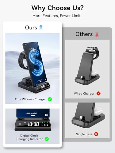 Wireless Charger for Samsung S25 with Clock 3 in 1 Android Charging Station | Charging Station for Galaxy S25 Ultra,Z Flip 7,Fold,Galaxy Bud,Watch Charger for Galaxy Watch 8,7,6,5Pro, Nightstand Charger - color: Black