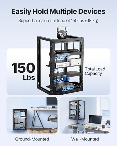 VEVOR 15U Open Frame Server Rack, Free Standing or Wall Mount Rack with 180 Degrees Gate Swing, Network Rack for 19" IT Equipment & A/V Devices - size: 15U Wall Rack