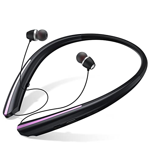 Bluetooth Headphones Retractable, Wireless Earbuds Neckband IPX5 Sweatproof, Bluetooth Headset with Microphone Vibration Call, Stereo Noise Cancelling Earphones (Black Pink) - color: black pink