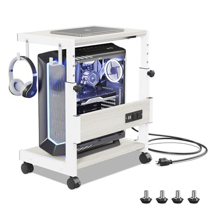 Computer Tower Stand with Charging Station, for Small and Mid-Tower PCs | Height Adjustable PC Stand with Wheel, CPU Holder with 2 AC Outlets + 2 USB Ports, 2-Tier Storage, Durable Metal Frame - color: White