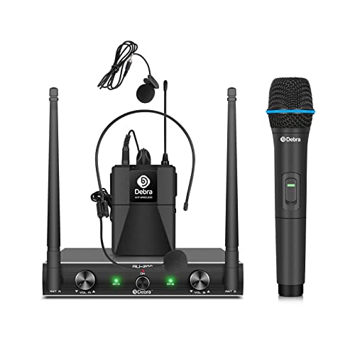 D Debra Audio AU200 Pro UHF 2 Channel Wireless Microphone System with Cordless Handheld Lavalier Headset Mics, Metal Receiver, for Karaoke Church Party (1 Handheld & 1 Bodypack) - style: 1 Handheld & 1 Bodypack