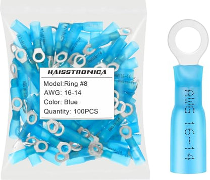 haisstronica 100PCS Heat Shrink Ring Terminals, 16-14 AWG, #8, Blue | Battery and Ground Stud Connections, 0.7 mm Copper Barrel, 3:1 Adhesive-Lined Seal, Automotive Wiring Repairs, Ring Connector - color: Blue, size: Ring #8