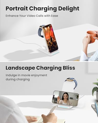 Wireless Charger for Fitbit Charging Station - GEEKERA 3 in 1 Phone Charger Stand for Fitbit Watch Sense 2/Sense/Versa 4/3, iPhone, Samsung, Google Pixel Phones, Androids, Airpods 4/3/2 - color: White