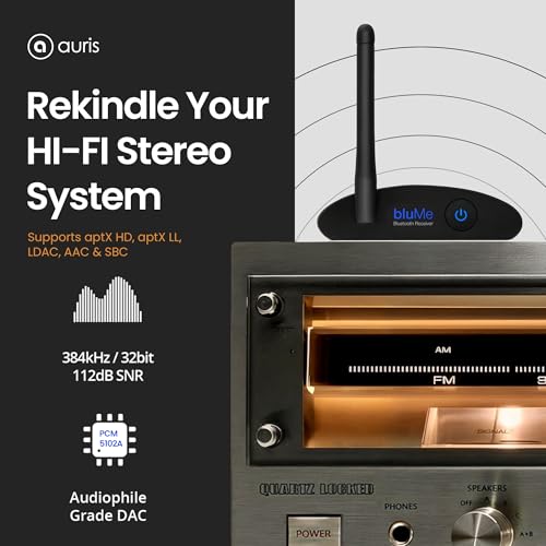 Blume HD Long Range Bluetooth 5.3 Music Receiver Hi-Fi Audio Adapter with Audiophile DAC, LDAC & AptX HD for Home Stereo, AV Receiver or Amplifier - color: Black