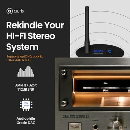 Blume HD Long Range Bluetooth 5.3 Music Receiver Hi-Fi Audio Adapter with Audiophile DAC, LDAC & AptX HD for Home Stereo, AV Receiver or Amplifier - color: Black