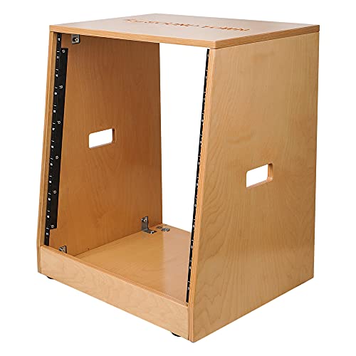 Sound Town DIY Solid Baltic Birch Plywood Slanted 12U Studio Rack, Golden Oak, Rubber Feet, Casters (SDRK-12T) - size: 12U,Golden Oak