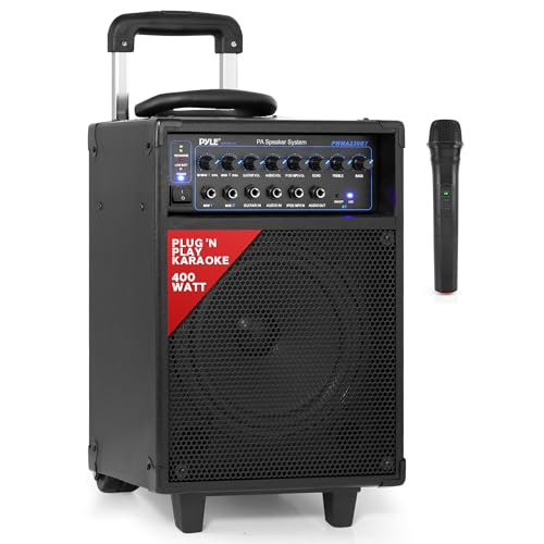 Pyle Wireless Portable PA System-400W Bluetooth Compatible Rechargeable Battery Powered Outdoor Sound Stereo Speaker Microphone Set w/Handle, Wheels-1/4 to AUX, RCA Cable (PWMA230BT) - size: 8 inch