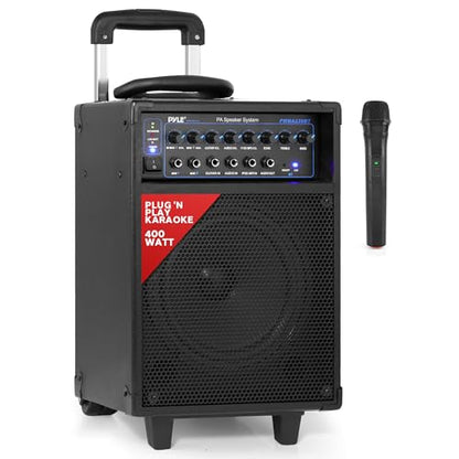 Pyle Wireless Portable PA System-400W Bluetooth Compatible Rechargeable Battery Powered Outdoor Sound Stereo Speaker Microphone Set w/Handle, Wheels-1/4 to AUX, RCA Cable (PWMA230BT) - size: 8 inch