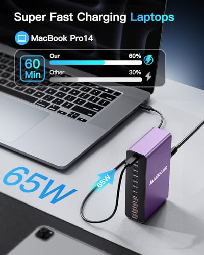 MEKIOJEO 12 Ports Aluminum Alloy 380W Charging Station USB C Charger Block | 65W Laptop Fast GaN Charger for MacBook Pro/Air/iPad Pro/iPhone (Purple) - color: Purple