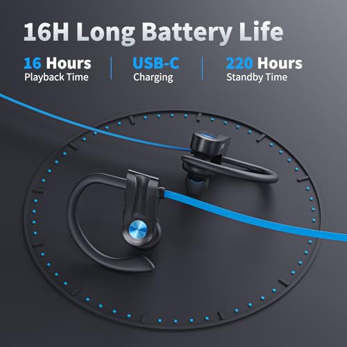 JOYWISE Wireless Headphones Bluetooth 5.3 Headphones with 16 Hours Playtime, Over-Ear Stereo Bass Earphones with Earhooks Headset, Sports Earbuds with Storage Bag for Running, Blue - color: Blue
