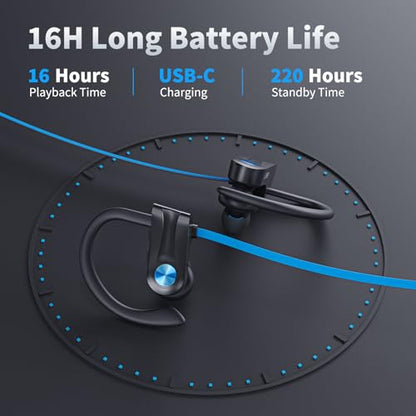JOYWISE Wireless Headphones Bluetooth 5.3 Headphones with 16 Hours Playtime, Over-Ear Stereo Bass Earphones with Earhooks Headset, Sports Earbuds with Storage Bag for Running, Blue - color: Blue