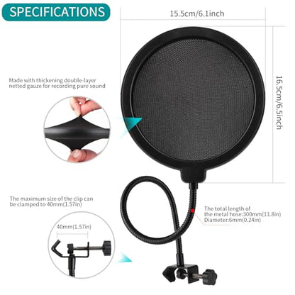 Professional Microphone Pop Filter Shield,Mic Wind Mask Shield Screen with Blue Yeti and Any Other Microphone, Dual Layered Wind Pop Screen With A Flexible 360 Degree Gooseneck Clip Stabilizing Arm