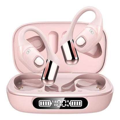 Open Ear Earbuds, Bluetooth 5.3 Wireless Air Conduction Headphones with Mic, LED Display Charging Case&Fast Charging, Ultra-Light Weight, 80H Playtime Earbuds for Work, Sports (Pink) - color: Pink