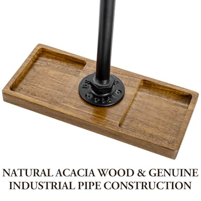 MyGift Premium Acacia Solid Wood and Industrial Black Metal Pipe T-Bar Over Ear Headphones Holder, Tabletop Dual Headphone Display Stand with Accessories Tray - color: Natural Acacia Wood & Black Metal