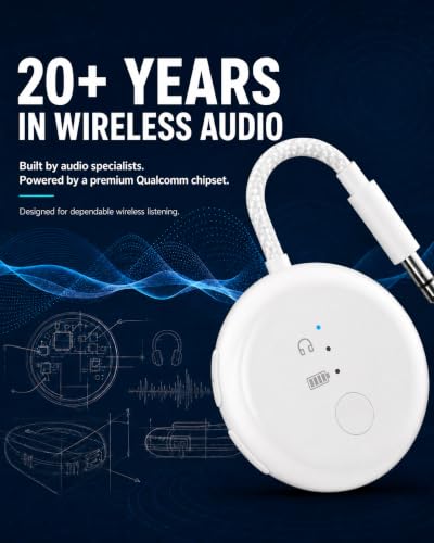 Avantree SoundJet R1-25Hr Airplane Bluetooth Adapter for All AirPods | Qualcomm Chip & aptX Adaptive, Wireless Audio Transmitter for Flight Travel, Works with Bose & Other Headphones - color: 1. White