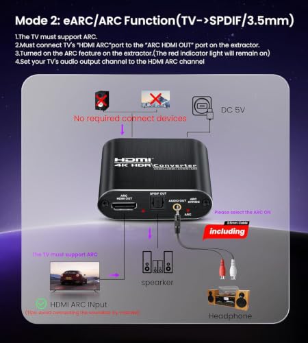avedio links HDMI eARC/ARC Audio Extractor 4K@60Hz, HDMI to Optical Toslink SPDIF & 3.5mm AUX Stereo Audio Converter Splitter, HDCP 2.2, PCM/DTS 5.1