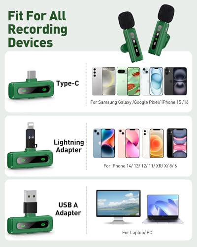 USB C Wireless Lavalier Microphone for iPhone, iPad & Android Phone, Green - color: Green, size: Without Charging Case