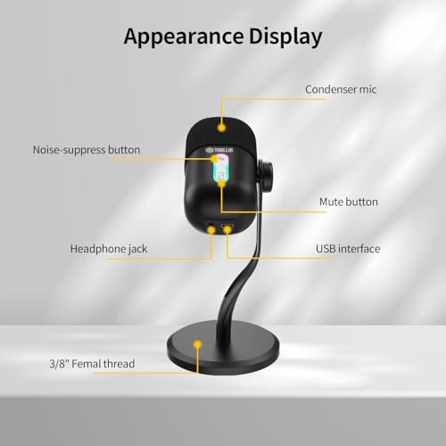 USB Condenser Microphone for Recording, Streaming, Podcasting | Noise Reduction & One-key Mute, Work with Laptop/PC/Tablet/Cellphone, Black