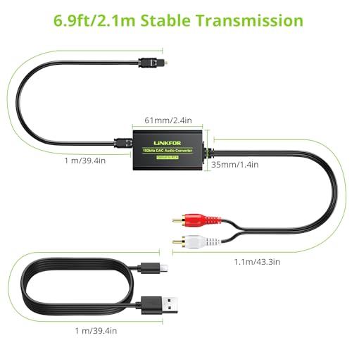 LiNKFOR 192kHz DAC Converter, Digital to Analog Audio Adapter, Digital Optical SPDIF Toslink to Analog Stereo RCA L/R, 7ft/2.1m Cable, Compatible with HDTV, Blu-ray, DVD, Amps (RCA Male) - style: RCA Male