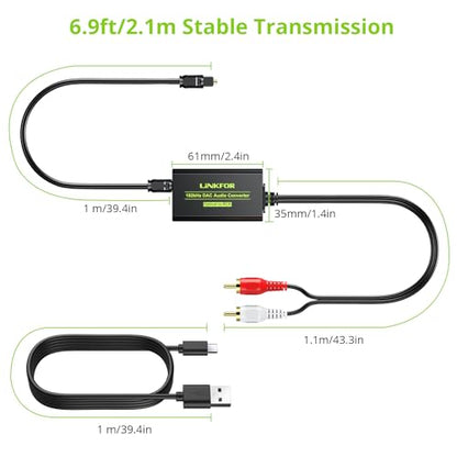 LiNKFOR 192kHz DAC Converter, Digital to Analog Audio Adapter, Digital Optical SPDIF Toslink to Analog Stereo RCA L/R, 7ft/2.1m Cable, Compatible with HDTV, Blu-ray, DVD, Amps (RCA Male) - style: RCA Male