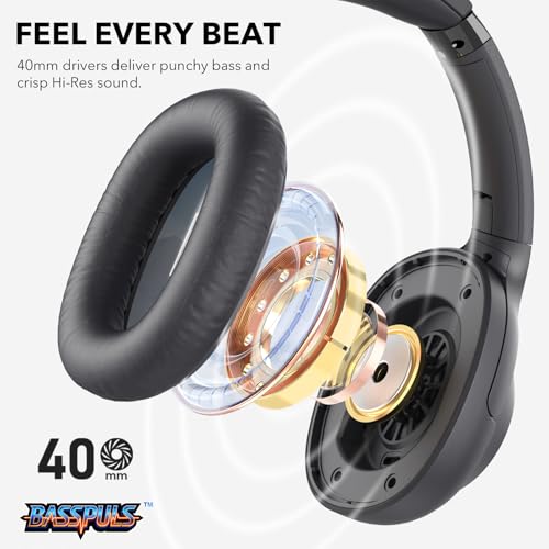 Bluetooth 6.0 Active Noise Cancelling Headphones for Airplane Travel, Black | LDAC Hi-Res Audio, 90H Playtime Wired and Wireless ANC Headphones, Over Ear Headset for Home Office, Custom EQ via APP - color: Black