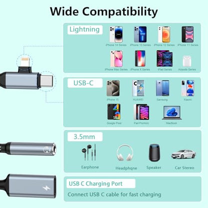 2-in-2 Lightning & USB C to 3.5mm Aux Audio Jack Headphone+Type-C Charge Cable Splitter,Earphone Converter Adapter for Music+Charge Power+HiFi for iPhone14 13 12,iPad,Samsung【Apple MFi Certified】-Gray