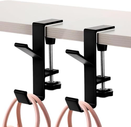 Desk Mount Bag Holder Hook Clamp,On Backpack Hanger Portable Desk Mount Headphones Holder for Reduce Desk Clutter Table Desk Table Hanging Storage - color: Black