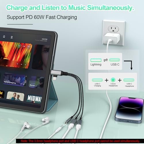 3-in-2 USB C/Lightning to 3.5mm Audio Jack Headphone+USB C Earphone Jack+Type-C Charger Splitter,Apple Aux Adapter for iPhone 16 15 14 13 12 XR/XS/Pro Max/Plus,iPad Pro/Air,Samsung Galaxy S24—Silver