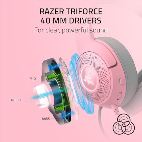 Razer Kraken Kitty V2 USB Wired RGB Headset: Chroma Kitty Ears - Stream Reactive Lighting - HyperClear Cardioid Mic - Triforce 40 mm Drivers - 7.1 Surround Sound - Quartz Pink (Renewed)