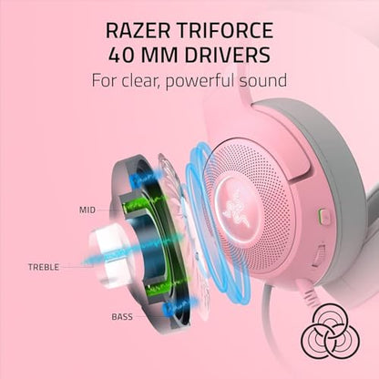 Razer Kraken Kitty V2 USB Wired RGB Headset: Chroma Kitty Ears - Stream Reactive Lighting - HyperClear Cardioid Mic - Triforce 40 mm Drivers - 7.1 Surround Sound - Quartz Pink (Renewed)