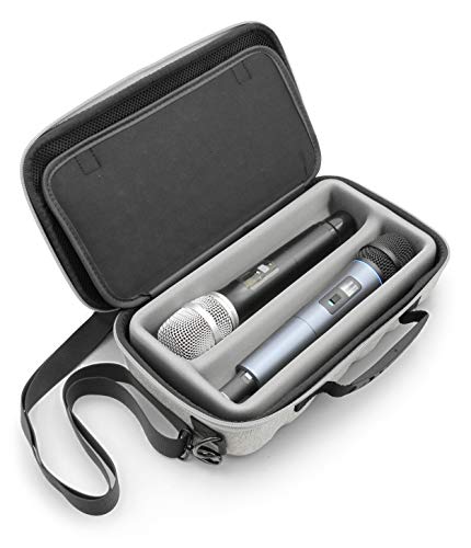 CASEMATIX Dual Wireless Microphone Case for Wireless Mic System Compatible with Sennhesier, Shure Microphones and More, Dual Mic Bag with Shoulder Strap and Hard Shell Gray Exterior