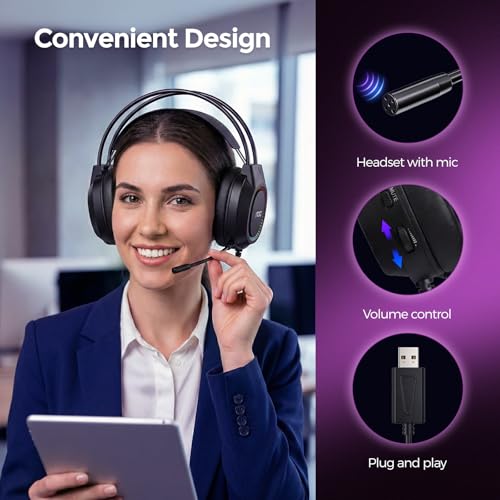 AOC Wired Gaming Headset with Mic, USB Gaming Headphone with Stereo Sound for PC/Laptop/PS4/PS5, 50mm Drivers RGB Corded Headphones for Game/Work/Music, ACG2500