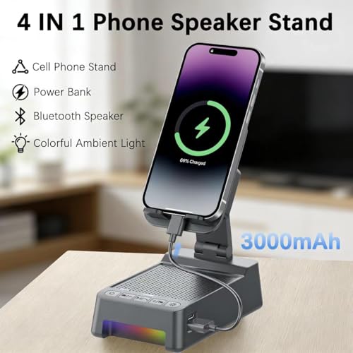 Cell Phone Stand with Wireless Bluetooth Speaker and Colorful LED Lights, 4-in-1 Multifunctional Phone Holder Support Fast Charging, Adjustable Desktop Stand for iOS Android - color: Light Grey