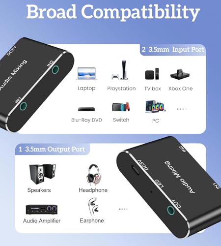 2 Channel Stereo Audio Mixer,2 In 1 Out Mini Stereo Sound Mixer,Metal Shell,AUX Interface for PC,Phone,Laptop,Headphones,Speakers-Includes 3.3FT 1/8 Audio Cable