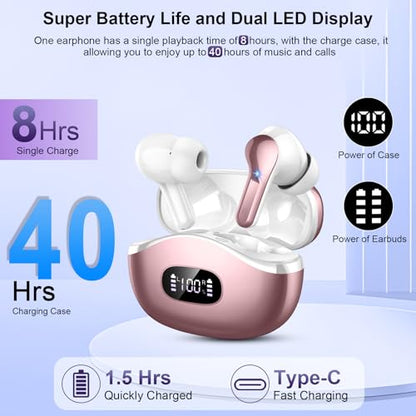 Wireless Earbuds Bluetooth Headphones, 2025 Hi-Fi Stereo Deep Bass Ear Buds, 4 ENC Noise Cancelling Mic, USB Fast Charging in-Ear Earphones, IP7 Waterproof Workout Sport for Laptop Pad Android iOS - color: Rose Gold