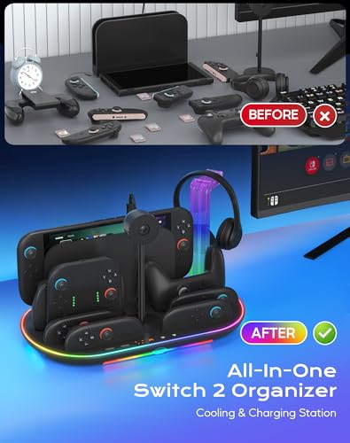 Switch 2 Charging Dock Multifunctional Organizer Station | Switch 2 Joycon Charging Dock,with Console Cooling Fan,Switch 2 Camera & Headset Holder,RGB Lighting
