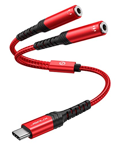 JSAUX USB C to Dual 3.5mm Female Headphone Splitter-Red | Type C to Dual 3.5mm Audio Jack Splitter Headphone Adapter Compatible with iPhone 17 16 Pro Max, Galaxy S24/23, Pixel, iPad - color: Red