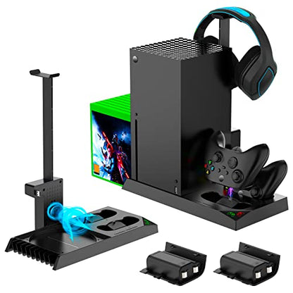 FASTSNAIL Vertical Cooling Fan & Charging Stand for Xbox Series X, Charger Station for Xbox Series X Controller with 2 Pack 1400mAh Rechargeable Batteries, Accessories with Game Slot & Headset Holder