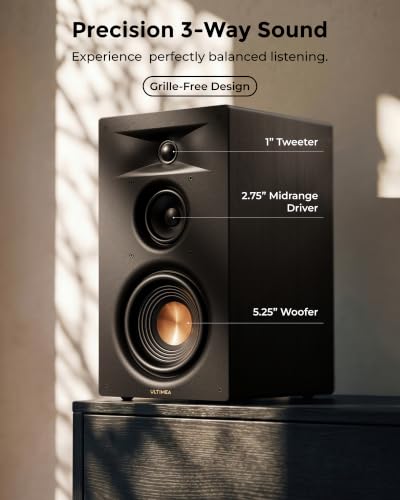 ULTIMEA 3-Way Powered Bookshelf Speakers for TV, Music, Record Player, BS-3 | RCA Input, 70W RMS, 5.25" Woofer, HDMI ARC, Bluetooth 6.0, Auracast, SUB OUT, App EQ, Clear Dialogue, Deep Bass, Clear Highs