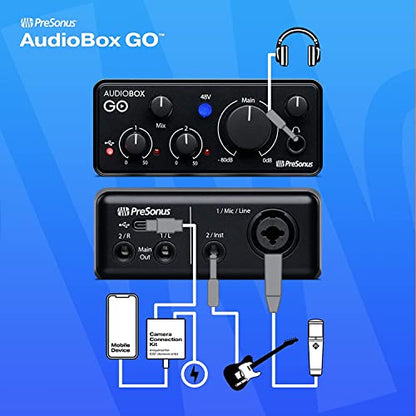 Presonus AudioBox GO Mobile 2x2 USB Audio Recording Interface with Creative Software Kit and Studio Bundle and Eris E3.5 Pair Studio Monitors, Microphone Kit, Stand & 1/4 Instrument Cables